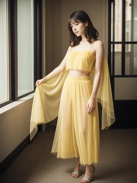  Elegant Senior Social Elite Female Secretary ,Charming Fluffy , Standing at Office Working  、 (Desktop,  high quality,16k:1.1),(depth of fields:1.3) ,((Front Drive  :1.35)),[Japan , Office Girl , ((Light Yellow Sheer Tulle Gauze chiffon Low Waist Leg Jump...