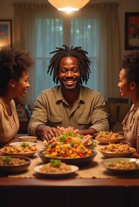 A black young man with dreads, with his parents and sister in a dinning room. With lots of food on the dinning table.