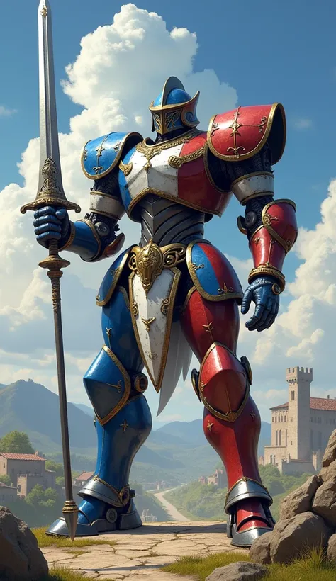 French Steel Golem: A majestic golem with blue, white, and red armor plates, wielding a steel sword engraved with the French motto.