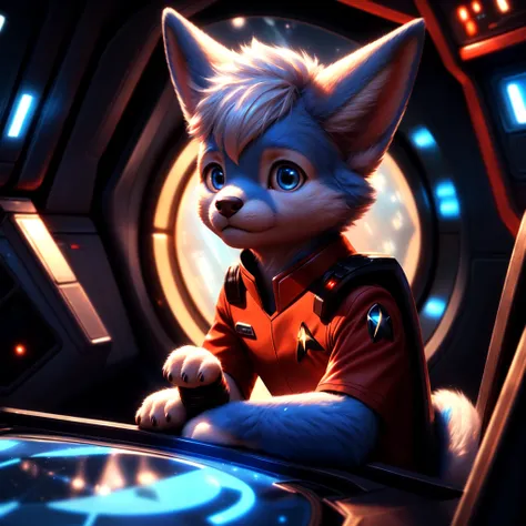 ( detailed face,  detailed background ,  detailed body ), (realistic,photorealistic,photo-realistic:1.37) Ein cuteer kleiner Junge, cute, blue fur,  white hair, in a Star Trek spaceship, he is wearing a red uniform,