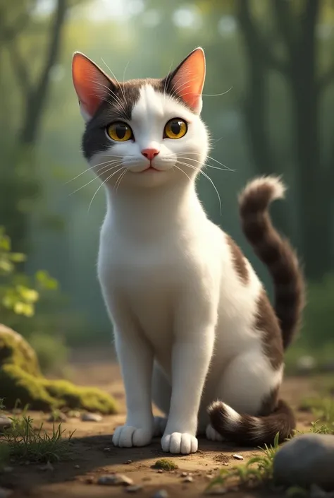  adult white and dark brown cat , ear ,   pointed tail makes it darker brown.,  with light yellow eyes. ,  Of the same tone , Short hair, like this but  is real. ,  is real. ,  Remember that the ban has a stripe .