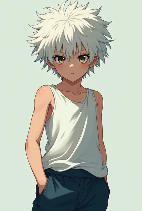  Create a boy with frizzy white hair in a white tank top and blue shorts/Black in anime now with a calm killer look