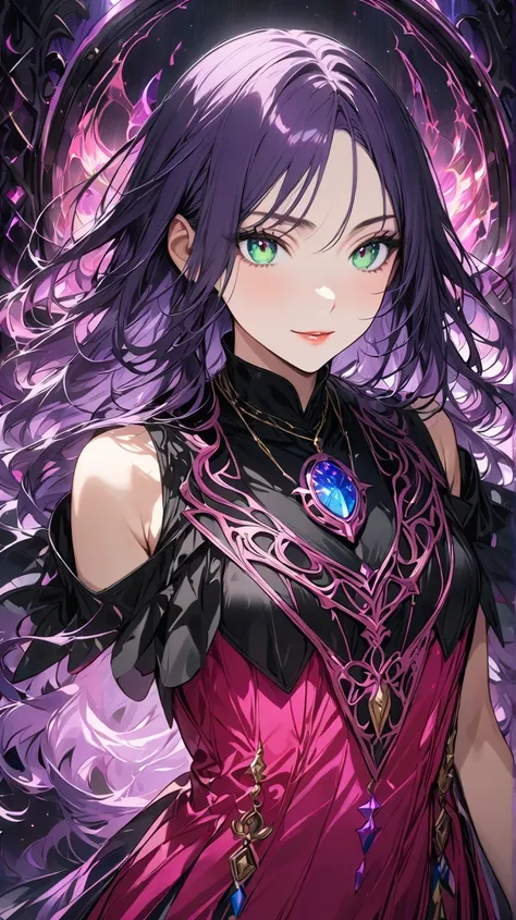 A 28-year-old woman with dark purple hair from The Dark Magician, smile,  has dark green eyes and long, narrow pupils(1.8), Im walking through a dark castle in a fantasy world,  flying in a red convertible , 髪型はchestまでの長いストレートで毛先が軽く巻かれている。
Eyebrows/eyelash...