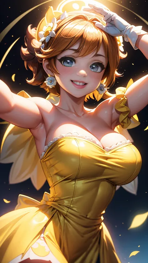 hyper detailed, hyper quality, 4k, princess daisy, yellow dress, white gloves, perfect face,large breasts,cowboy shot,smile