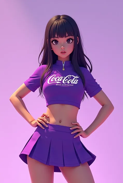 A girl with straight bangs and loose hair  ,  dressed in a purple cheerleader outfit with a Coca-Cola logo.  Her belly button blouse is tight and short sleeve  , showing her abdomen,  while the skirt is short and modern  .  The panties are visible under th...