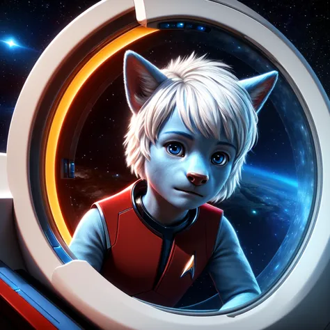 ( detailed face,  detailed background ,  detailed body ), (realistic,photorealistic,photo-realistic:1.37) Ein cuteer kleiner Junge, cute, blue skin,  white hair, in a Star Trek spaceship, he is wearing a red uniform,