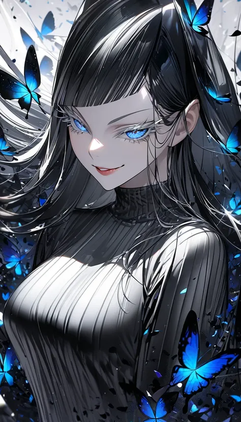 cool beauty, long thick white eyelashes, smirk, silver silky straight hair with blunt bangs, wearing black tight fit knit long dress, jet black petals, deep blue butterflies, best quality