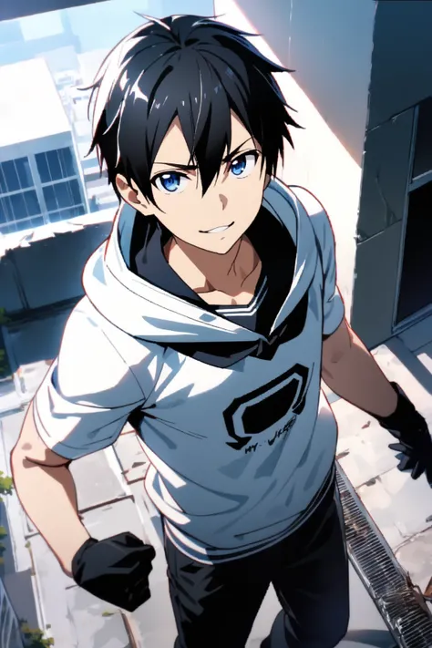 masterpiece, 最 High Quality , 8k, ((1 male, Alone, male focus, confident,)), High School Building Rooftop , 最 High Quality , Kirito,  Cool Guy in Japanese Anime Style,  Sword Art Online , Black School Run Uniform Top and Bottom 、 White Hoodie Inside School...