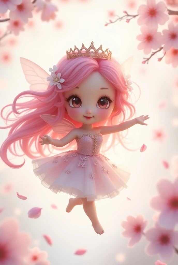 Winter fairy in the cherry blossom breezes, pink long hair, tiara, chibi style, blank background 