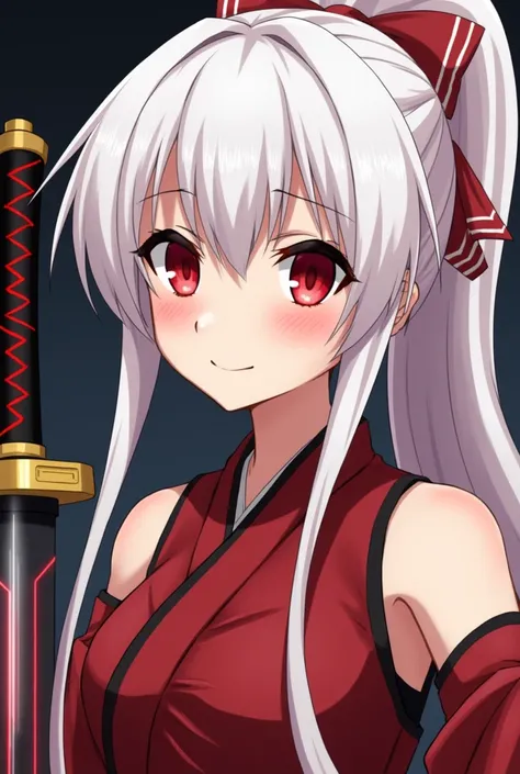  Musashi Miyamoto from the 14-year-old slut version,  red eyes , Very long hair,  ponytail ,  white-haired,  High resolution, Ultra HD, sword with black handle and gold details and its blade and red pulsing, anime,  ultra detailed , face seria,