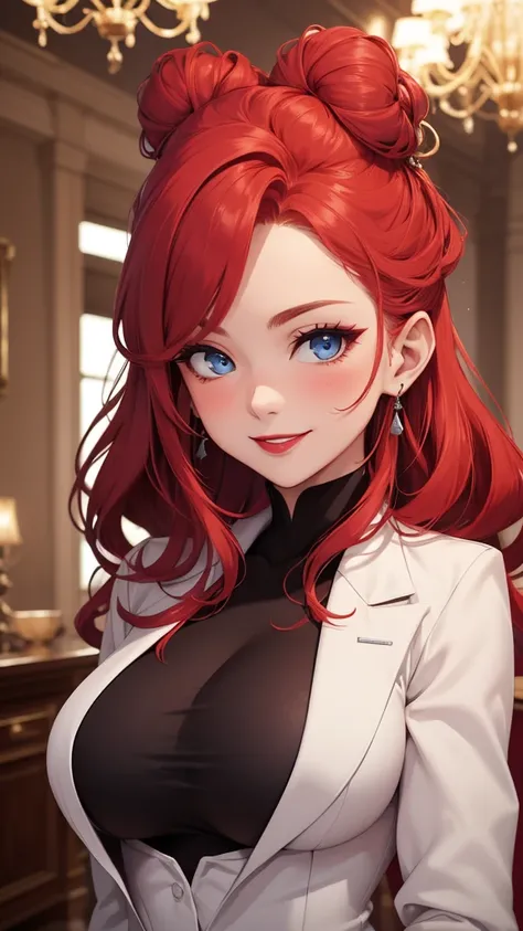  hot sexy beautiful woman,  long silver chandelier earrings, big breasts , ,Redhead ,  Hair Bun, blush, blue eyes, Smile,Red lipstick,  white coat,  Black Shirt , Long sleeve, big breasts ,