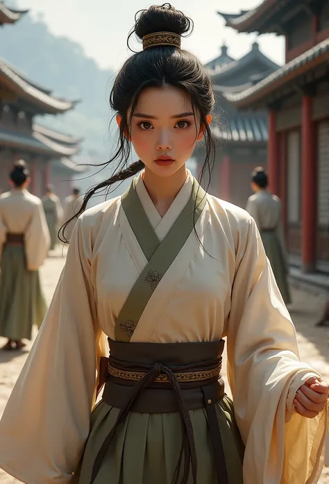  Three Kingdoms Period ,Huang Tsuen ,woman, wearing simple Handivan official attire,Resisting , panicked eyes 