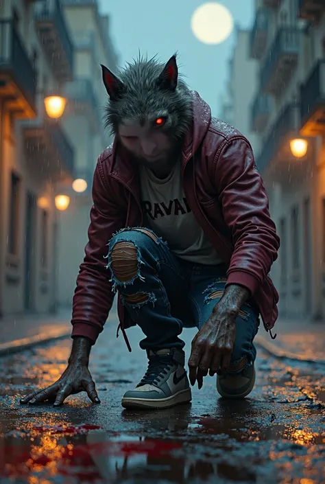 Burgundy jacket , red eyes,  gray t-shirt with the word Raval written, Ripped jeans,  gray Nike Air Jordan sneakers ,  werewolf hands and legs ,  kneeling , torn clothes,  smoke-cracked floor ,  its raining,  city of Barcelona , streetlights illuminating ,...