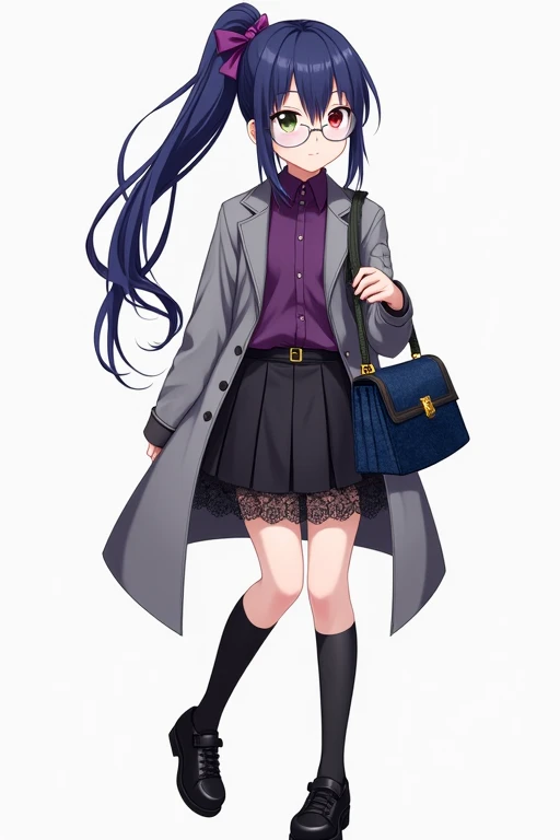  Dark Blue Ponytail with Purple Bow、 Different Color Eyes （Left red、Right olive green）、 Silver Frame Glasses 、 Purple Mens Shirt with Black Lace Knee Skirt、Wearing Black Knee Length Socks 、Grey Military Coat、 Black Womens Leather Shoes 、 Carry a Dark Blue ...