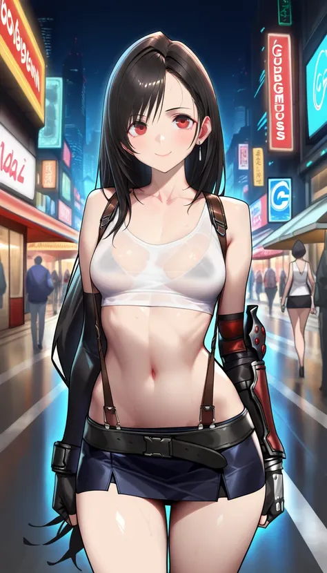 (masterpiece,best quality,amazing quality,very aesthetic,absurdres,newest),night、( Cyberpunk )、cowboy shot,1woman,(adult:1.2),(very small head), Tifa Lockhart 、 Final Fantasy 7,black hair,bangs,(gorgeous eyes),red eyes,smile,(ideal ratio body proportions:1...