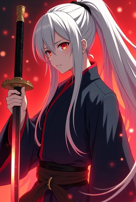 man,  Musashi Miyamoto from the 14-year-old slut version,  red eyes , Very long hair,  ponytail ,  white-haired,  High resolution, Ultra HD,  sword with black handle and gold details and its red pulsing blade, anime,  ultra detailed , serious face, Stand p...