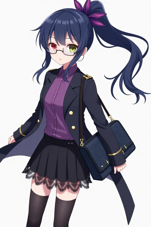  Dark Blue Ponytail with Purple Bow、 Different Color Eyes （Left red、Right olive green）、 Silver Frame Glasses 、 Purple Mens Shirt with Black Lace Knee Skirt、Wearing Black Knee Length Socks 、Dark Grey Military Coat、 Black Womens Leather Shoes 、 Carry a Dark ...