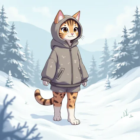 Female spotted cat , body hair, neve, jacket,tail,  winter,  outdoor, ,  specialized shading,  sem lineart , shorts,  soft shading ,