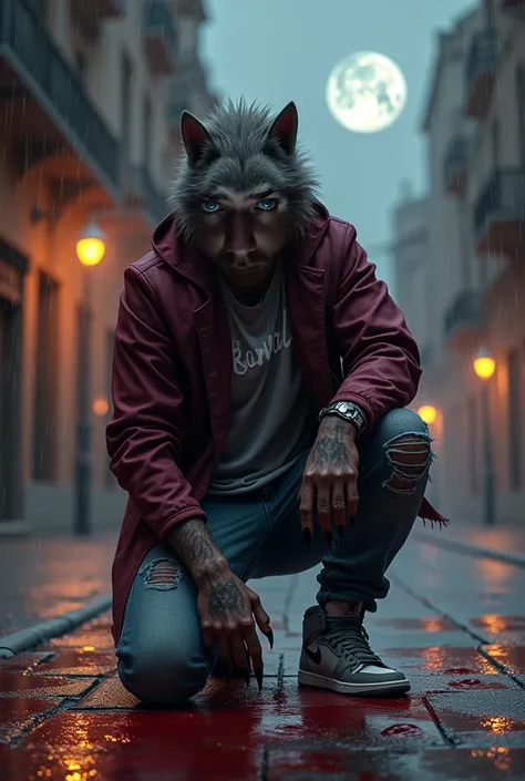 Burgundy jacket , red eyes,  gray t-shirt with the word Raval written, Ripped jeans,  gray Nike Air Jordan sneakers ,  werewolf hands and legs ,   kneeling , torn clothes,  smoke-cracked floor ,  its raining,  city of Barcelona , streetlights illuminating ...