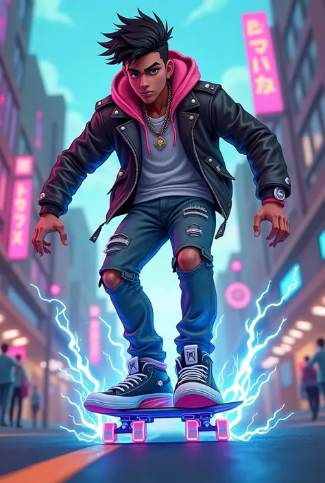  SparkyBoard is a rebellious young man with a relaxed attitude,  always ready for challenges .  He has an urban and modern style ,  with a look inspired by streetwear ,  wearing a leather jacket with details neon ,  that light up when moving . Her hair is ...