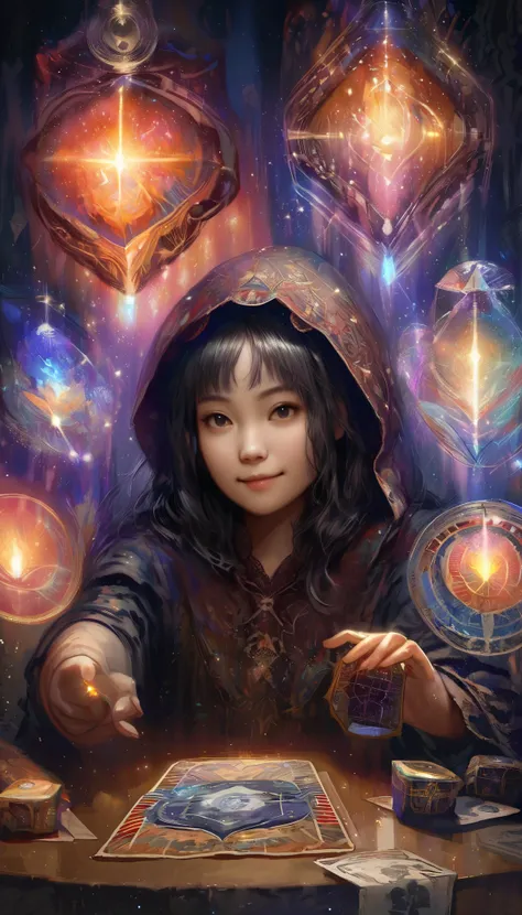 Impressionist Paintings , Realistic,  Smiling Young Hooded Asian Woman, Fortune Teller ,  tarot cards and crystals on the table,  browse viewers, Mysterious,  magic , Shine, Shineing, dark  magic  lighting, Sulky,  Movie-like , Shine, Sparkling,  Darkness