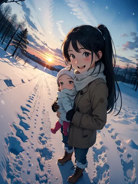 masterpiece，   best quality， High image quality ，(   super flat   ,     Flat Shading    )，  Fisheye Lens   ，Beautiful petite, trained young mother and her very cute little training daughter:1.25， warm scarf，(naked)，Long Hair， boots，smile, smile，White Breat...