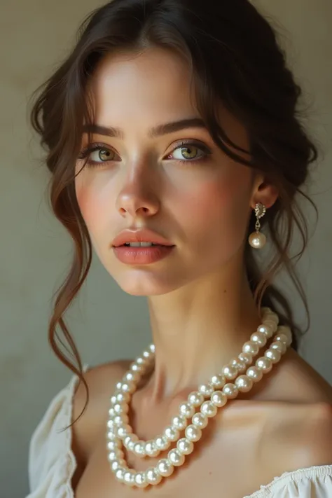 A painting of a beautiful woman wearing a pearl necklace 