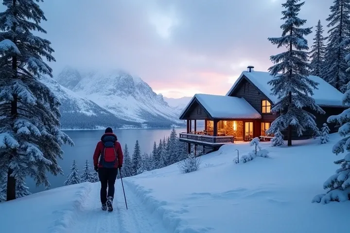  Picture the breathtaking winter landscape of the Scandinavian Peninsula :  in the foreground Lets look at a snowy mountain path ,  leading through a coniferous forest ,  with a traveler in winter clothes ,  maybe ,  with a backpack or snowmobile .  In the...