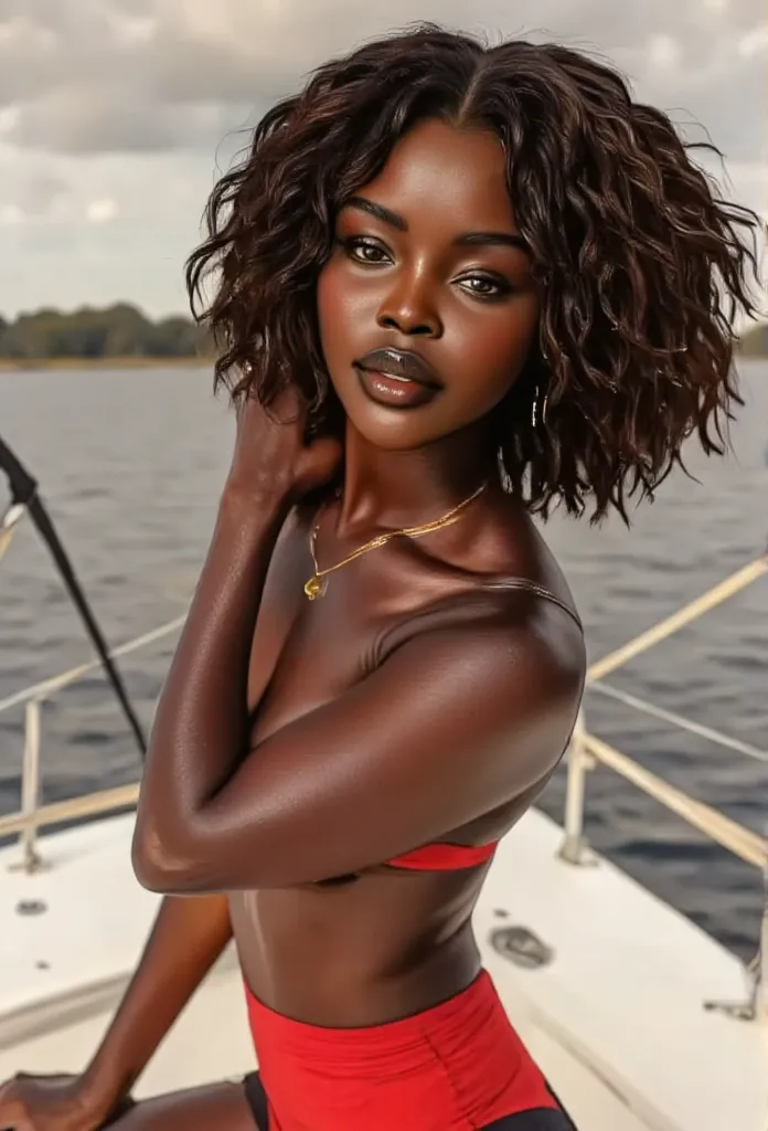 the photograph shows a stunning woman posing on the deck of a sleek white sailboat. she wears a bold red bikini that accentuates...