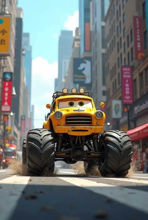  small yellow monster truck around the city saying in words I am the fastest of them all