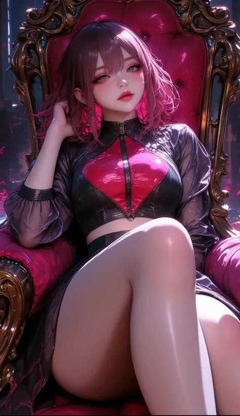 Tifa Lockhart , masterpiece, lyrics, sitting on the throne ,Top with ,rebellious clothing,transparent skirt, Details of the books on the floor,string