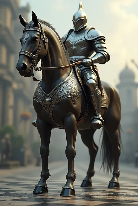 Create a powerful armored horse ,  victorious on a chessboard