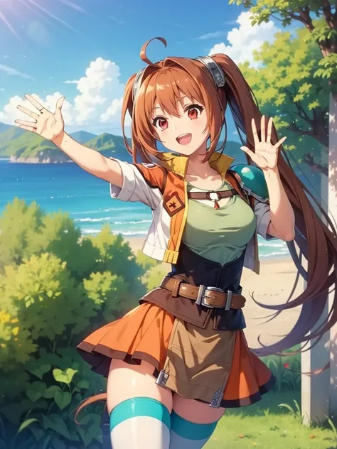 (masutepiece, Best Quality, hight resolution, nffsw, Perfect Pixel, depth of fields, 4K), Beautiful anime girl, Perfect body ,,,scEstelle, cropped jacket, green shoulder pad, tan shirt, orange skirt, belt, white thighhighs, (waving gesture:1.4), smile , op...