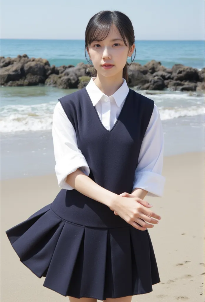 (((Sunny Day、Japanese 、 beach 、 strong wind is blowing 、 her hair and skirt are fluttering、squat,   scoop up seawater and spread my hands 、 traditional dark blue sailor suit 、 white blouse 、 Pleated Skirts、Scoop in seawater with your hands :1.25、 splash、 t...