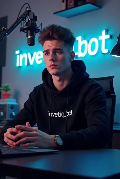 Create a vvibrant and extremely engaging and stylish 1  hot  boy with a smart apperance sitting in a font of computer desk he is wearing a black hoodie with the channel name investiq_bot on it the setup includes a microphone and a laptop on a desk youtube ...