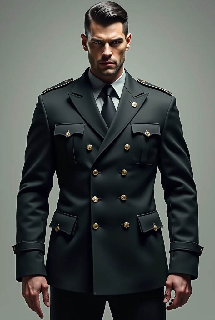 tall man,  black hair, grey eyes, similar to Henry Calvin ,  a little muscular with a cold look, military dress 