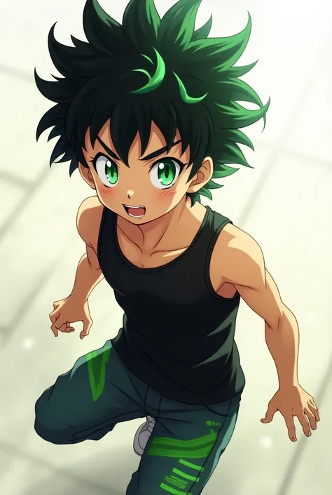 Create a boy with frizzy black hair with highlights  "greens" Hair up with black tank top and green shorts anime jeans with green cropped
