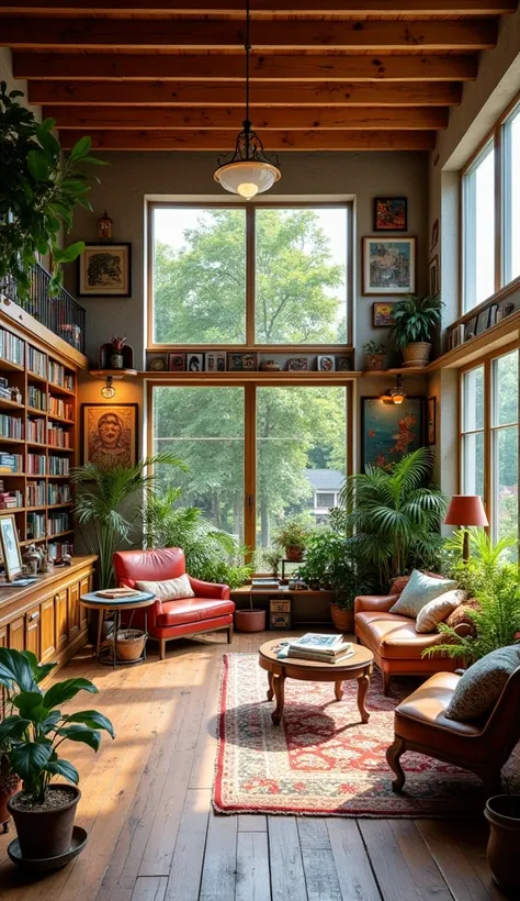 An artists home with an open layout and high ceilings.Large windows provide abundant natural light and versatile studio space.It features wall-to-wall bookshelves and artwork displays, and is colorfully and diversely furnished and decorated.Recycled materi...