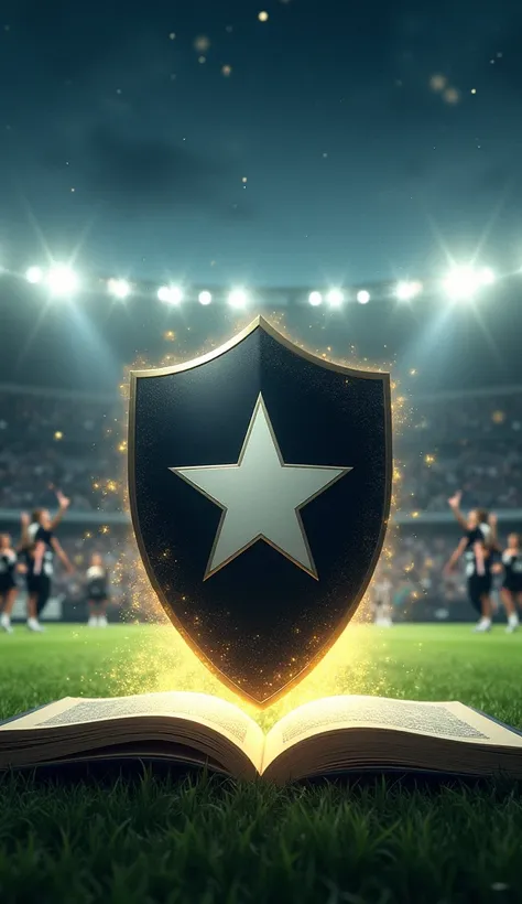  A black shield with a prominent white star in the center  ,   artistically emerging from the pages of an open book  ,   positioned in the middle of a lush green soccer field  . The scene takes place in a magical environment,   where the shield seems to co...