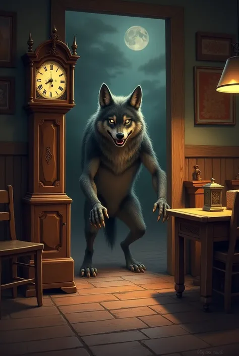 5. The wolf enters the house 

" The wolf finally enters the house after deceiving the s .  It is shown in the center of the room , with an evil smile,  while the s try to hide quickly behind furniture,  inside a standing clock and under the table .  The e...