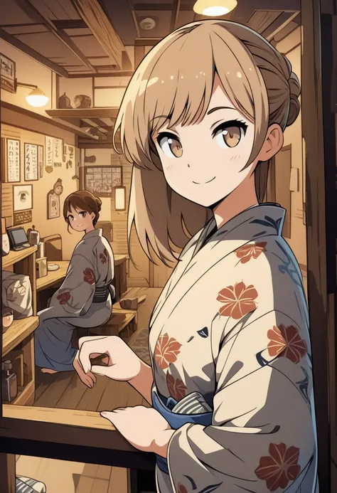 (( masterpiece )) , ( review) , ( Light Brown Eyes ) , ( Detailed Art Style) , ( very detailed) ,  watching viewers ,  smiles lightly,  review,  Light Brown Eyes ,Yukata、hostel