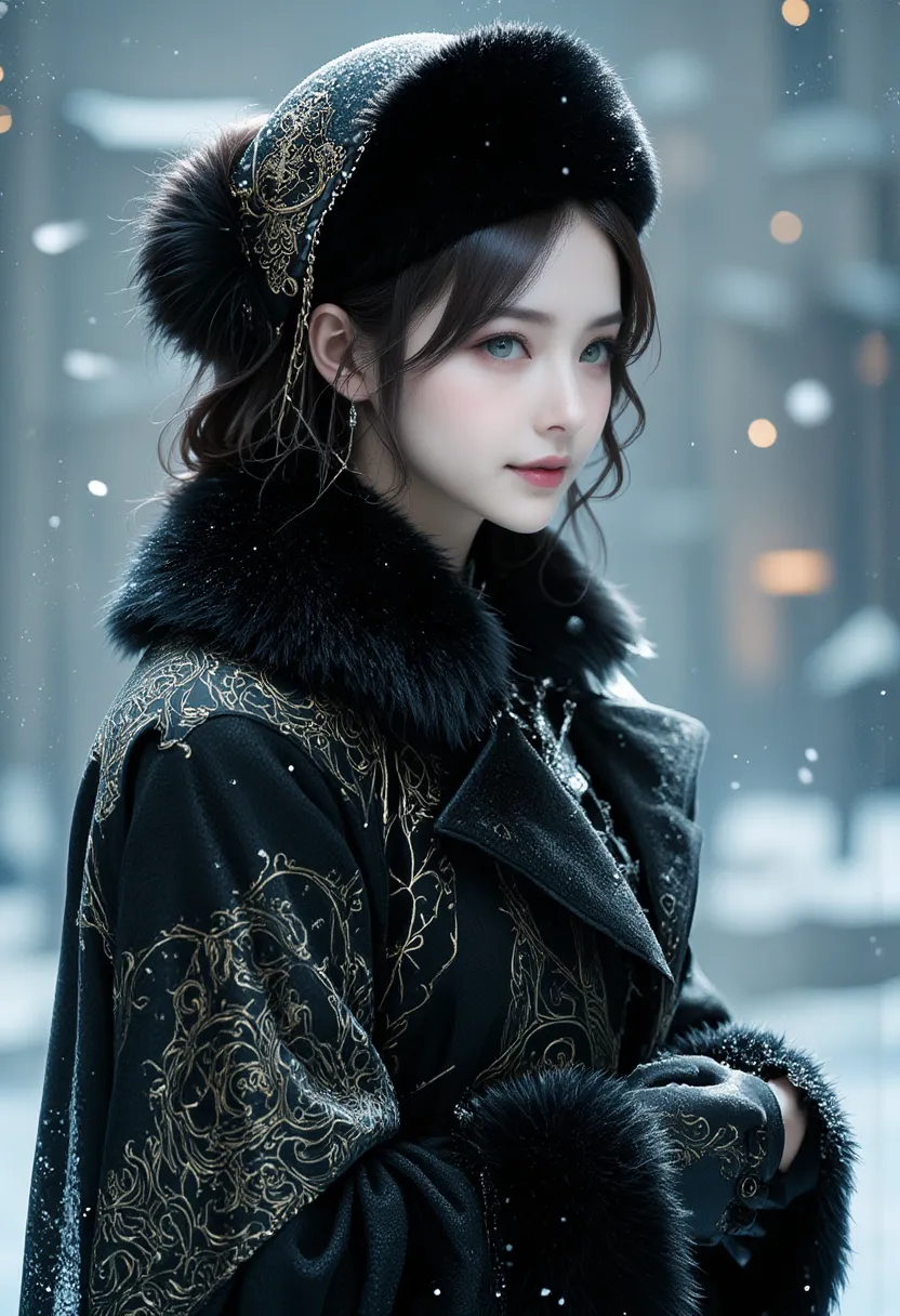 A woman wearing an intricately designed vintage black coat with fur cuffs and a fur collar, as shown in the reference image, paired with a luxurious black mink fur winter hat.
Theme: Winter Frost, Elegance, 
Stylized realism. Photography. Ultra Realistic oil painting.
Style of Cushart
Flat.
Style of The World Ends With You,
Art by winterhalter,
Modern Portrait,
Digital painting,
Icy skin,
Quiet,
Winter design,
Surrounded by falling snow,Sharp focus