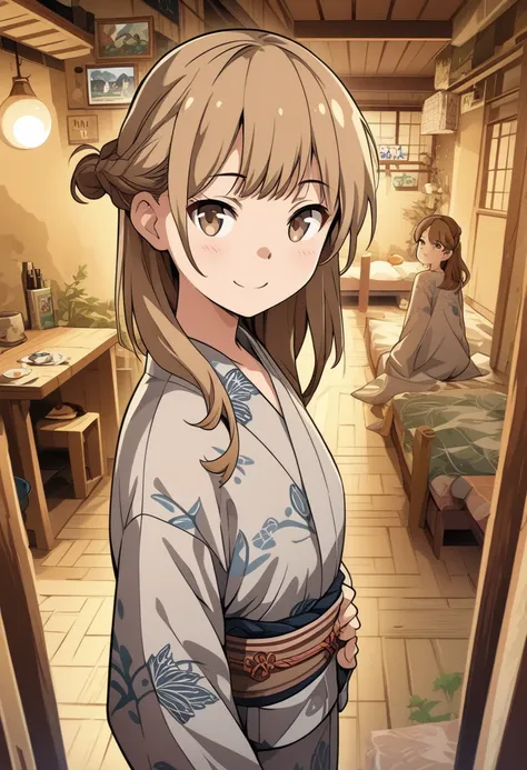 (( masterpiece )) , ( review) , ( Light Brown Eyes ) , ( Detailed Art Style) , ( very detailed) ,  watching viewers ,  smiles lightly,  review,  Light Brown Eyes ,Yukata、hostel