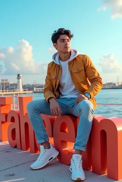 Create a 3D vibrant 3D scene with smart graphic and a handsome boy sitting casually on the faheem name in large 3D text. Dress him in trendy casual attire like jeans, a jacket, an sneakers. The background should sea
 wall mak sure name is not misspelled. 
