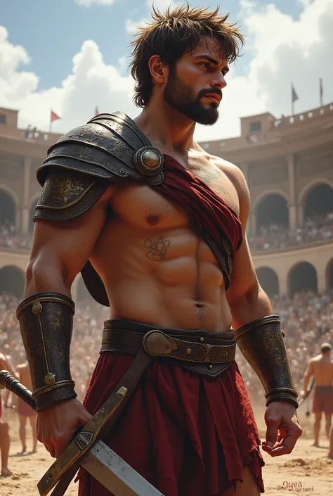 Gladiator, young, end 20s, of germanic origin, brown shaggy long hair, gladiator uniform, nude torso, germanic tattoo, muscular but not too defined abs, sweaty, dishevelled and dirty, unwilling slave, bruised body, bloody body from fight, shoulder and arm ...