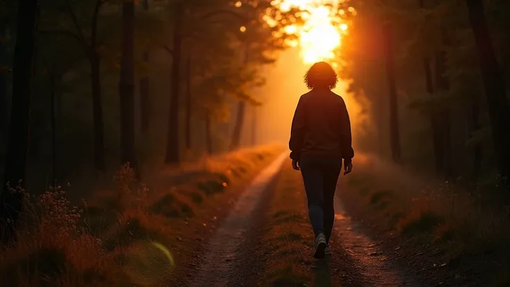 A solitary figure, a woman in her late 40s, dark-skinned with short, curly black hair, walking along a forest path at twilight. The atmosphere is peaceful yet reflective, with the setting sun casting long shadows, symbolizing the duality of light and dark....