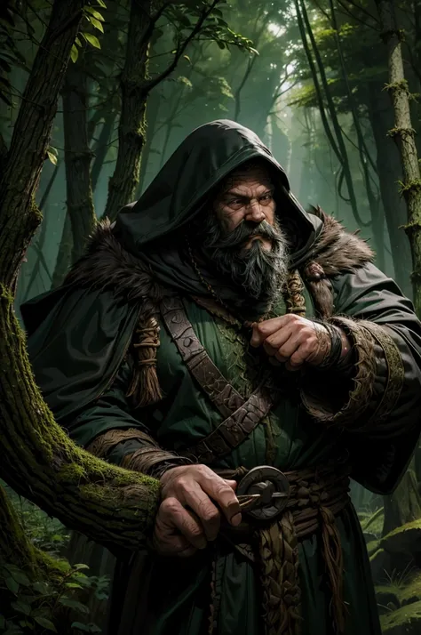 1 Druid dwarf, druid rpg Dungeons and dragons, black long beard, 1 meter long beard,black adventurer costume, green hooded cloak, Twisted wood stick branch around the neck, moss on the costume, mushrooms growing on him