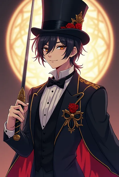  Young boy between 19 years old with slightly long dark hair, fine eyebrows, full lips, big onyx eyes and beautiful skin as clear as snow. ,  thin and beautiful and delicate nose ,with a cunning smile always , dressed with elegant clothes and top hat in an...