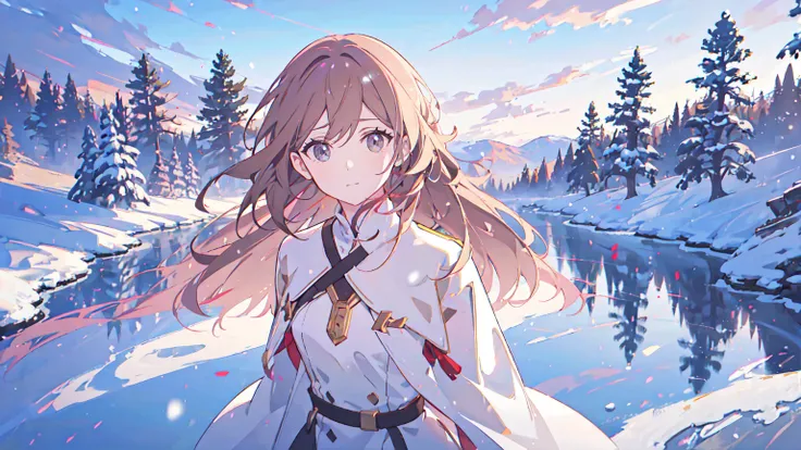 girl, adult, Medium chest, brown eyes,  Gradation Hair,  Head over the snow,  medium length hair , While walking and looking at the scenery, afternoon, masterpiece, absurdres, , high resolution, ,High quality, girl, adult, Medium chest, brown eyes,  Gradat...