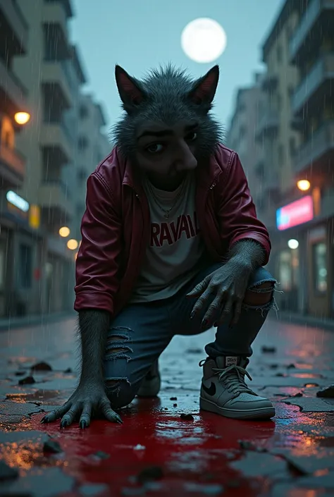 Burgundy jacket ,  red eyes,  gray t-shirt with the word Raval written, Ripped jeans,  gray Nike Air Jordan sneakers , " only werewolf hands",   kneeling , torn clothes,  smoke-cracked floor ,  its raining,  city of Barcelona , streetlights illuminating , ...